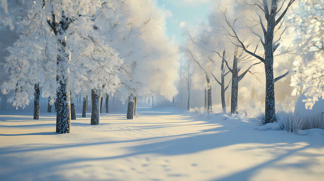 A serene and enchanting winter wonderland with snow-covered trees and sparkling frost, season, cold, woods. Enchanted Winter Wonderland. Illustration