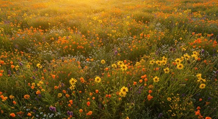 Golden Hour Meadow with Wildflowers in Bloom and Sun Flare