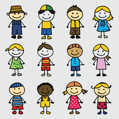 Stick Children Boys and Girls Vector Art Set