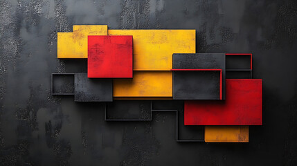 abstract composition of overlapping geometric shapes in bold red, yellow, and black, set against a textured dark background that enhances the visual depth