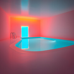 neon liminal space swimming pool interior