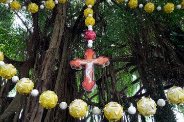St Francis Xavier, catholic church. Giant rosary in the garden.  Vietnam.