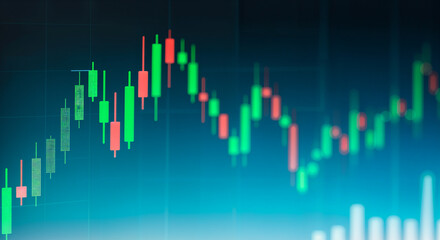 Candlestick chart showing a growing trend in the stock market, with green and red bars indicating price fluctuations over time