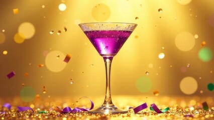 Mardi Gras background with A glass of purple martini is sitting on a table with confetti. The confetti is scattered around the glass, creating a festive and celebratory atmosphere