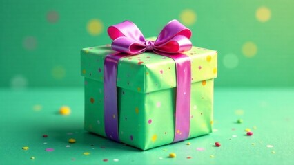 Mardi Gras background with A green box with a pink bow on top of it. The box is decorated with colorful dots