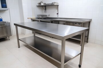 Sophisticated Stainless Steel Tables in a Professional Kitchen Setting with Modern Equipment and Sleek Design