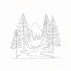 Obraz premium Continuous line drawing of river flowing through coniferous forest with mountain in background, creating serene and minimalist nature landscape