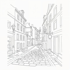 one line illustration presents a picturesque, empty cobblestone street winding its way through an old european town, flanked by charming building facades and vintage street lamps