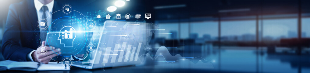 A business intelligence analyst using a tablet with a digital interface overlay showing data analytics, performance metrics, technology graphs visualization, predictive analytics, dashboard insights.