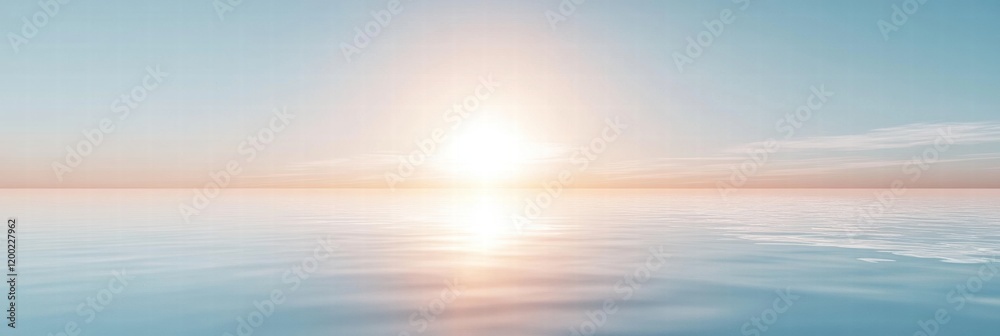 Poster tranquil sunset over calm ocean waters with gentle waves reflecting sunlight at twilight. generative