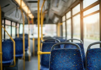 Rows of empty blue seats inside a public transport bus, illuminated by natural light during the daytime