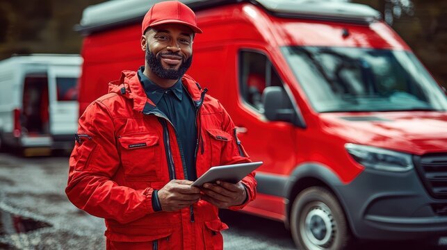 African male adult delivery driver in red uniform holding tablet, standing near red van