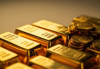 Gold bars and coins shining brightly, symbolizing wealth, investment, and financial security