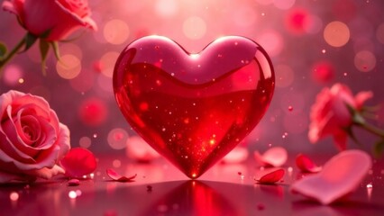 Obraz premium Valentines day background with A heart made of glass sits on a table with a bunch of roses. The roses are scattered around the heart, and the table is covered in rose petals. Concept of love and