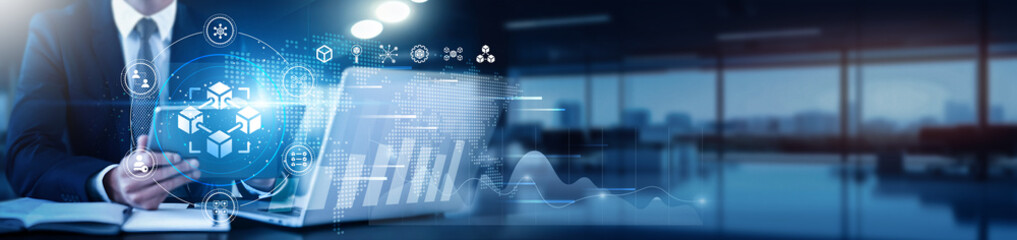 Blockchain expert using a tablet with a digital interface overlay showing blockchain transactions, decentralized networks, technology graphs distributed ledger, cryptographic security, smart contracts