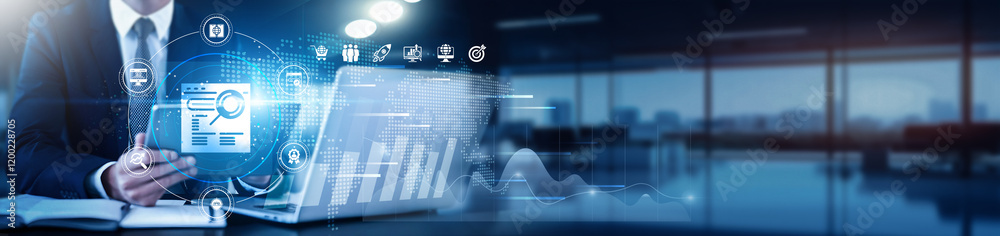 Poster digital marketer using a tablet with a digital interface overlay showing customer data, real-time an