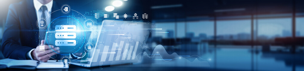 Hosting professional using a tablet with a digital interface overlay showing cloud computing, server status, and technology graphs data transfer, network performance, uptime tracking, load balancing.