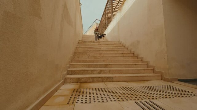 Casual woman pet domestic animal owner walking Husky dog at stone stairs outdoor passage transition