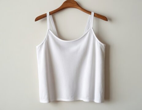 Minimalist white tank top hanging on a wooden hanger against a light wall.