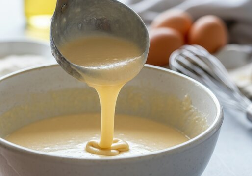 Creamy pancake batter being poured from a ladle into a bowl, with eggs and a whisk in the background, ready for cooking