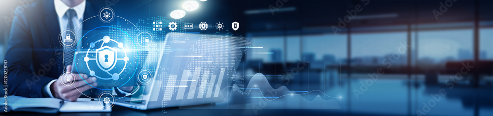 Poster network security expert using a tablet with a digital interface overlay showing firewall status, thr