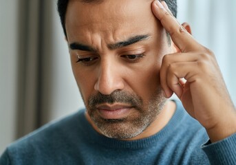 Fototapeta premium Close-up of worried man touching his forehead, suffering from headache, migraine or depression