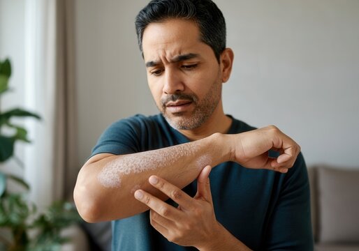 Worried man inspecting his forearm affected by psoriasis, a chronic skin disease