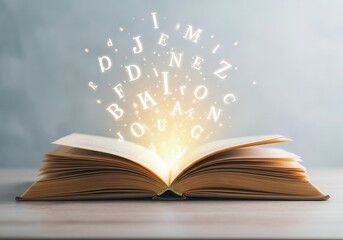 Open book emanates a magical glow, with letters rising from its pages, symbolizing knowledge, imagination, and storytelling