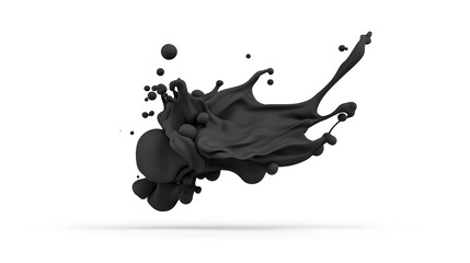 Black Liquid Swirl and Splash with Droplets isolated on white background