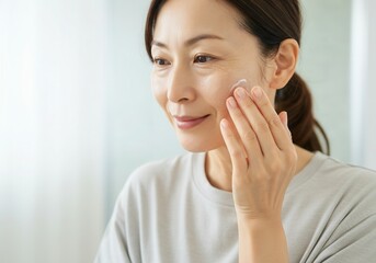 Smiling middle-aged asian woman gently applying moisturizer on her face, taking care of her skin with a daily skincare routine
