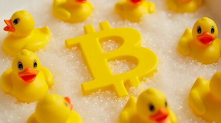  The symbol, bitcoin sign and bright yellow toy rubber ducks float in the foam in the bathtub 