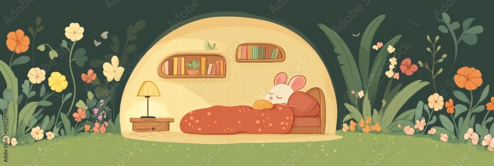 Poster cozy mouse in a serene garden, peacefully napping in a charming woodland setting with flowers and gr