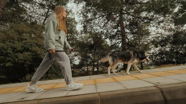 Casual young woman walking with Husky dog at autumn forest park rotation tracking shot
