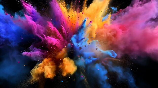 Colorful powder explosion on black background creates a vibrant celebration of joy and energy, Colorful powder explode on black background happy holi day video in background