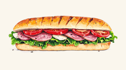 Italian sub sandwich with lettuce, slices of fresh tomatoes, salami, cured ham and cheese vector illustration