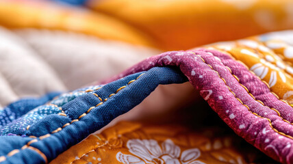 Close-up of colorful quilted fabric with intricate stitching