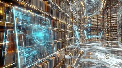Obraz premium Exploring digital information archives virtual library 3d visualization sci-fi environment futuristic perspective