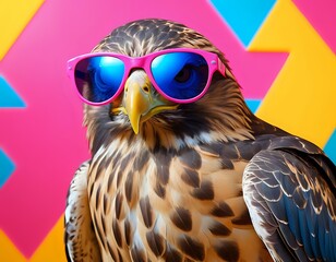 Cool Hawk in Pink Sunglasses: Vibrant Pop Art Portrait