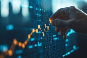 Businessman illustrates growth graph and analyzes financial data for strategic business planning and investment progress on a blue background 