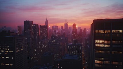 A vibrant city skyline at dusk, with lights twinkling as the sun sets behind the buildings, casting a warm glow.