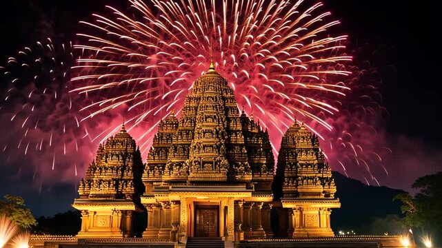 Hindu temple with fireworks.