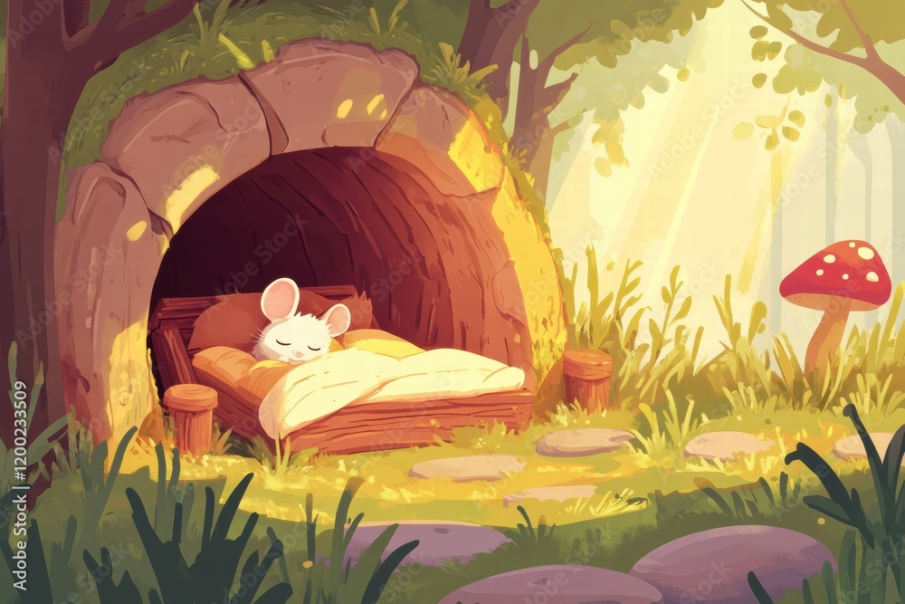 Poster cozy forest nook with a sleeping mouse nestled in a soft bed surrounded by enchanting nature. genera