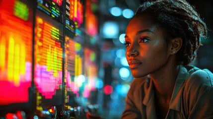African female adult analyzing data on vibrant digital display at night