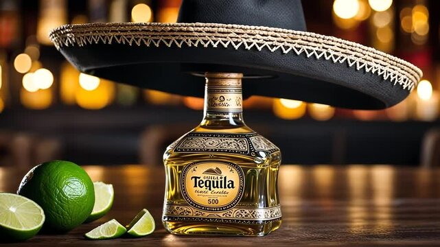 Tequila bottle with Mexican hat.