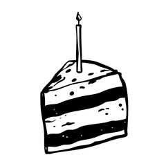 Wedding birthday party pastry cake slice with burning candle event greeting  with chocolate vanilla cream, decoration hand drawn doodle sketch.
