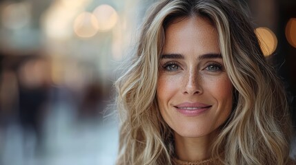 Obraz premium Smiling caucasian female adult with long blonde hair in urban setting
