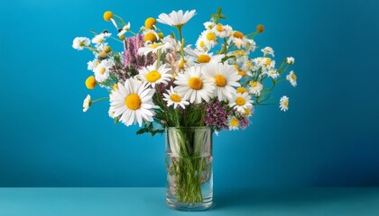 bouquet of white daisies and different wildflowers in a tumbler vase on a blue background
