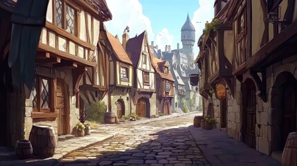 Fototapeta premium A lively medieval street with half-timbered houses, cobblestone paths, and a distant castle under a sunny blue sky. Perfect for RPG design, fantasy art, or storytelling concepts