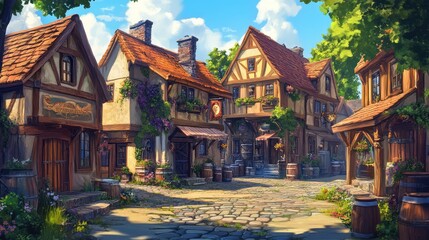 Obraz premium A vibrant medieval town square with cozy half-timbered houses, colorful flowers, and cobblestone paths under clear blue skies. Perfect for fantasy stories or historical concepts
