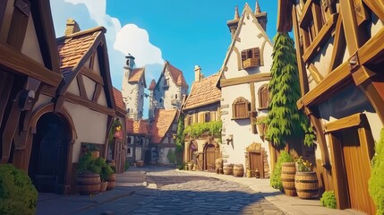 Obraz premium A sunlit medieval street lined with half-timbered houses, cobblestone pathways, and vibrant greenery. Ideal for fantasy games, storybook scenes, or historical concept art